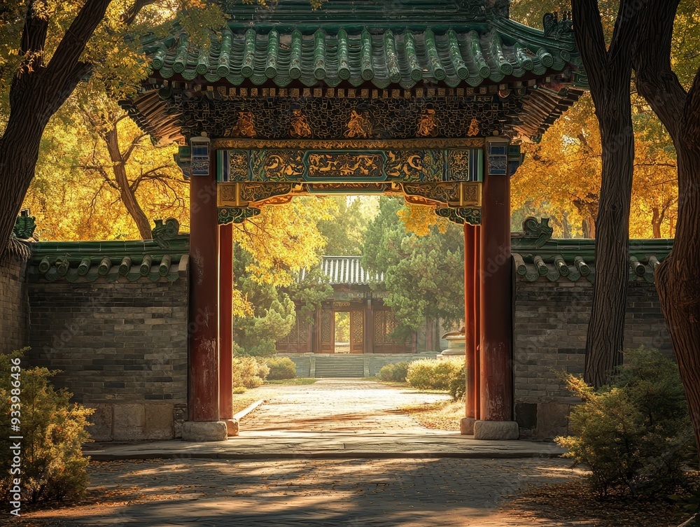 Fototapeta premium Golden Autumn Light Through Chinese Gate A lowangle perspective captures a traditional Chinese gate framed by autumn foliage leading to a sunlit pathway and a hidden courtyard
