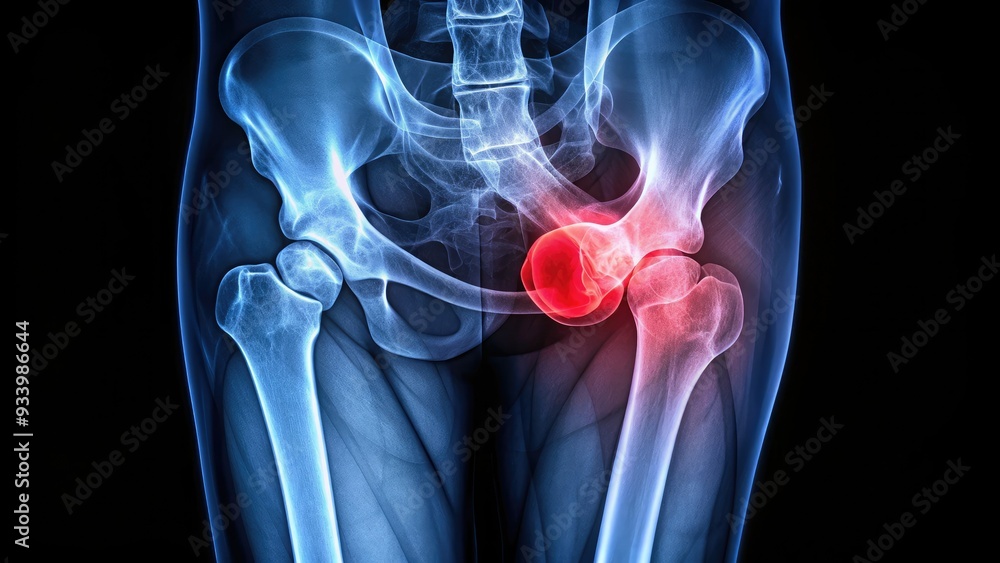 X-ray image of a fractured femur bone, showing a diagonal break in the thigh bone, surrounded by soft tissue and indications of surgical repair. X-ray image of a fractured femur bone, showing a diagonal break in the thigh bone, surrounded by soft tissue and indications of surgical repair.