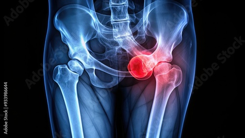 X-ray image of a fractured femur bone, showing a diagonal break in the thigh bone, surrounded by soft tissue and indications of surgical repair.