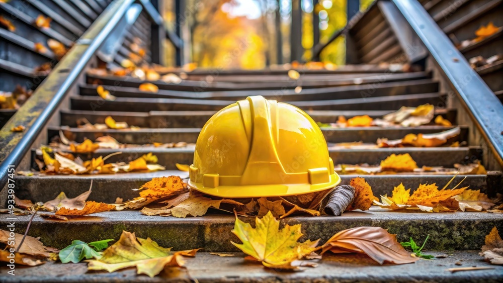 Yellow hard hat and safety vest lying on rusted metal stairs surrounded ...