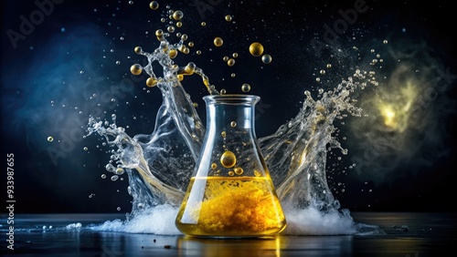 Yellow hazardous chemical substance splashing in a laboratory beaker, with bubbles and foam, against a dark background, symbolizing scientific experimentation and toxic material handling.