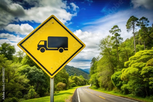 Yellow road sign with bold black text and icon of truck, prohibiting overtaking on a scenic highway surrounded by lush green trees and cloudy sky. photo