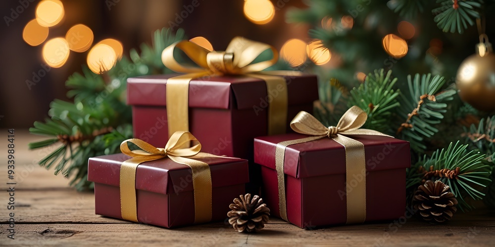 Obraz premium A nostalgic Christmas background vintage style gift boxes in rich burgundy and gold nestled among pine cones and evergreen branches vintage charm
