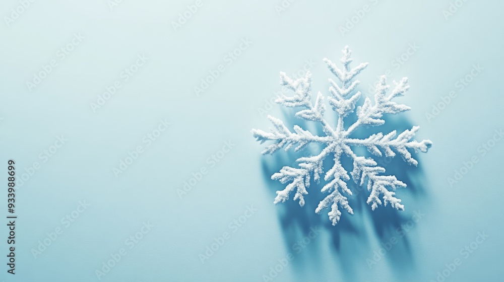 Single white snowflake on light blue background, close-up. Winter season and holiday concept Single white snowflake on light blue background, close-up. Winter season and holiday concept