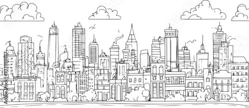 City landscape. Line urban backdrop. Skyline with clouds, different buildings on street, doodle street draw, outline cityscape hand sketch, flat houses. Hand drawn vector illustration