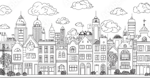 City landscape. Line urban backdrop. Skyline with clouds, different buildings on street, doodle street draw, outline cityscape hand sketch, flat houses. Hand drawn vector illustration