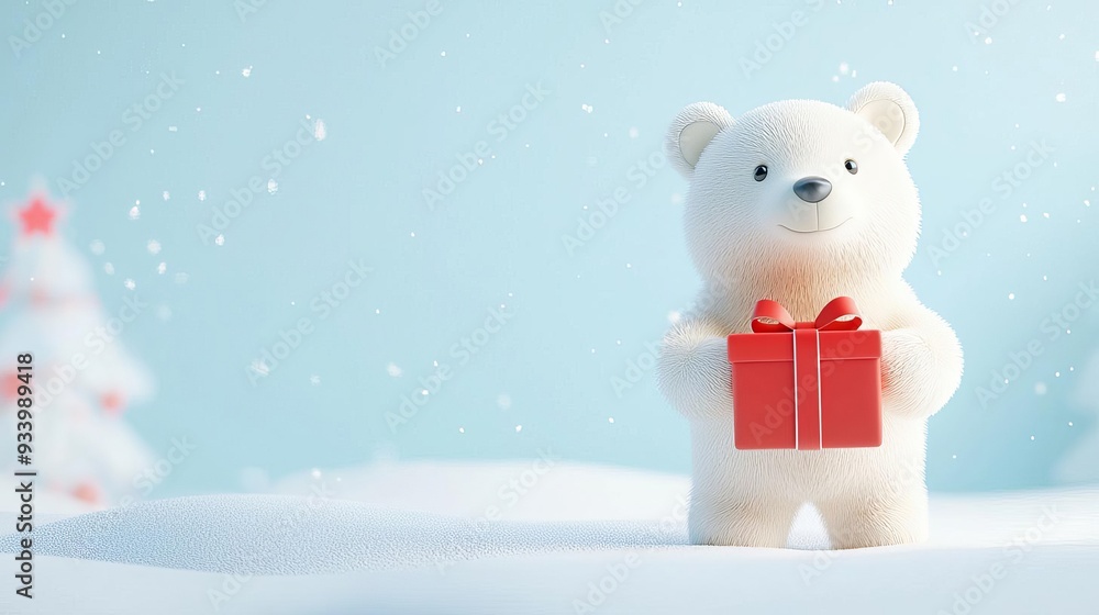 Polar bear holding Christmas present, snowy landscape, 3D illustration Polar bear holding Christmas present, snowy landscape, 3D illustration