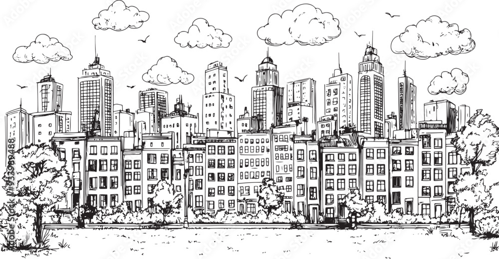 Obraz premium City landscape. Line urban backdrop. Skyline with clouds, different buildings on street, doodle street draw, outline cityscape hand sketch, flat houses. Hand drawn vector illustration