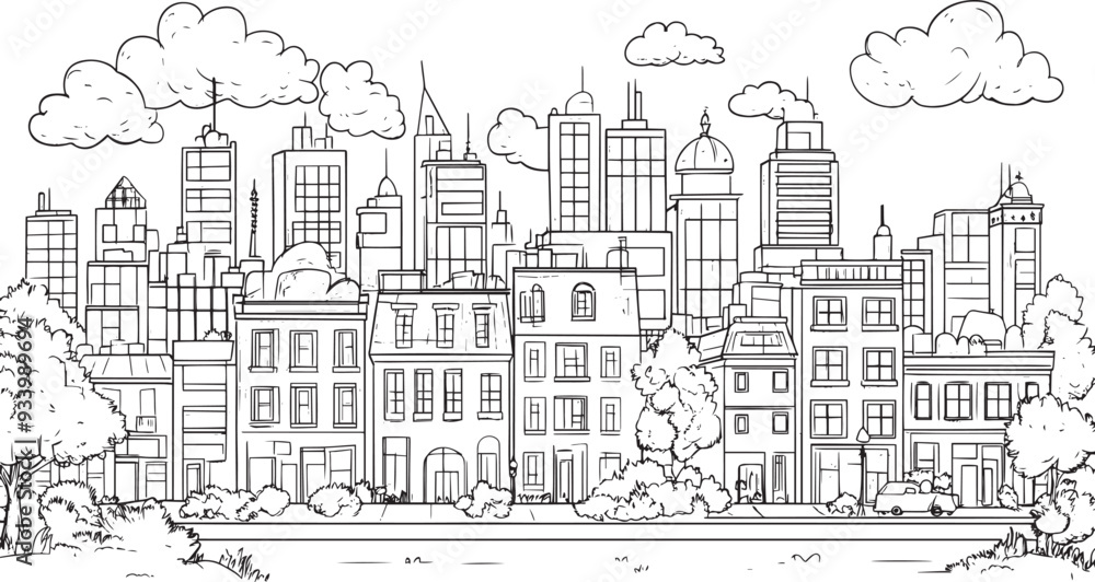 City landscape. Line urban backdrop. Skyline with clouds, different buildings on street, doodle street draw, outline cityscape hand sketch, flat houses. Hand drawn vector illustration City landscape. Line urban backdrop. Skyline with clouds, different buildings on street, doodle street draw, outline cityscape hand sketch, flat houses. Hand drawn vector illustration