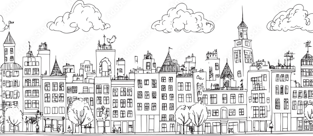 Obraz premium City landscape. Line urban backdrop. Skyline with clouds, different buildings on street, doodle street draw, outline cityscape hand sketch, flat houses. Hand drawn vector illustration