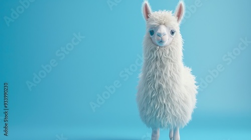 Cute White Alpaca Against a Light Blue Background.