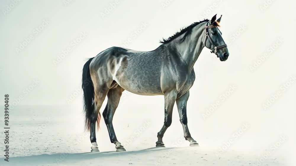 A beautiful brown horse with a white mark on its forehead against the background of a green forest. A beautiful brown horse with a white mark on its forehead against the background of a green forest.