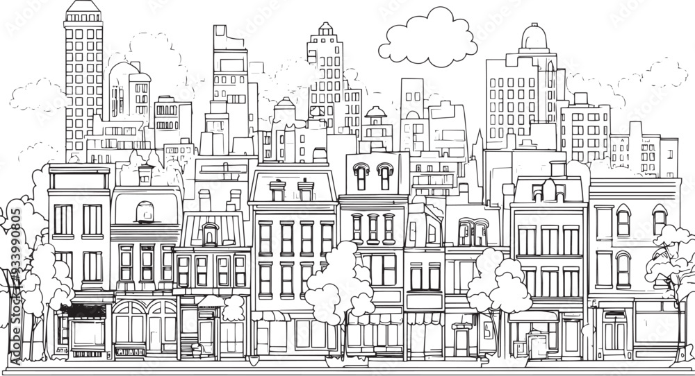 Obraz premium City landscape. Line urban backdrop. Skyline with clouds, different buildings on street, doodle street draw, outline cityscape hand sketch, flat houses. Hand drawn vector illustration
