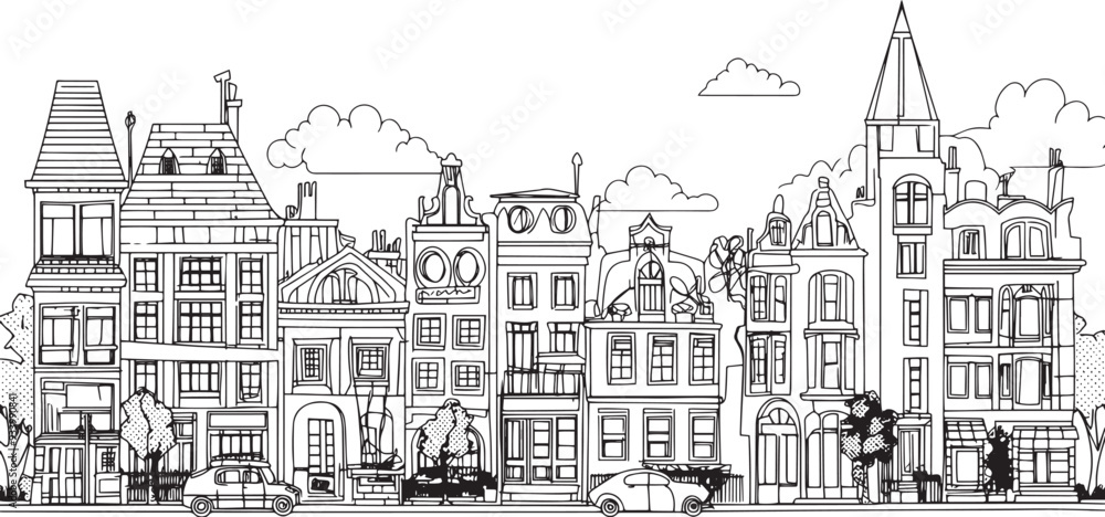 Obraz premium City landscape. Line urban backdrop. Skyline with clouds, different buildings on street, doodle street draw, outline cityscape hand sketch, flat houses. Hand drawn vector illustration