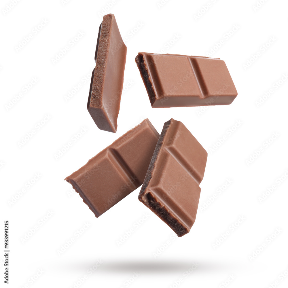 Pieces of sweet chocolate falling on white background Pieces of sweet chocolate falling on white background