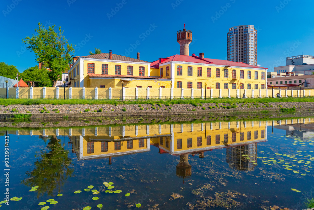 Ya.N. Fokin's chintz-printed and cotton factory in Ivanovo. Embankment of the Uvod River. Golden Ring of Russia.