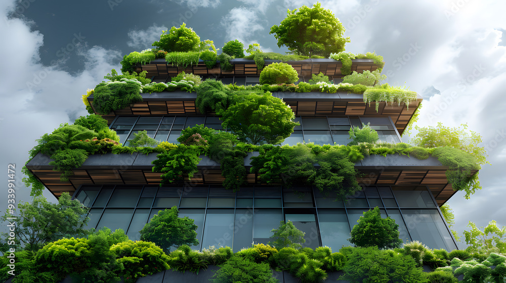 Sustainable glass office building with tree to reduce carbon dioxide Sustainable glass office building with tree to reduce carbon dioxide