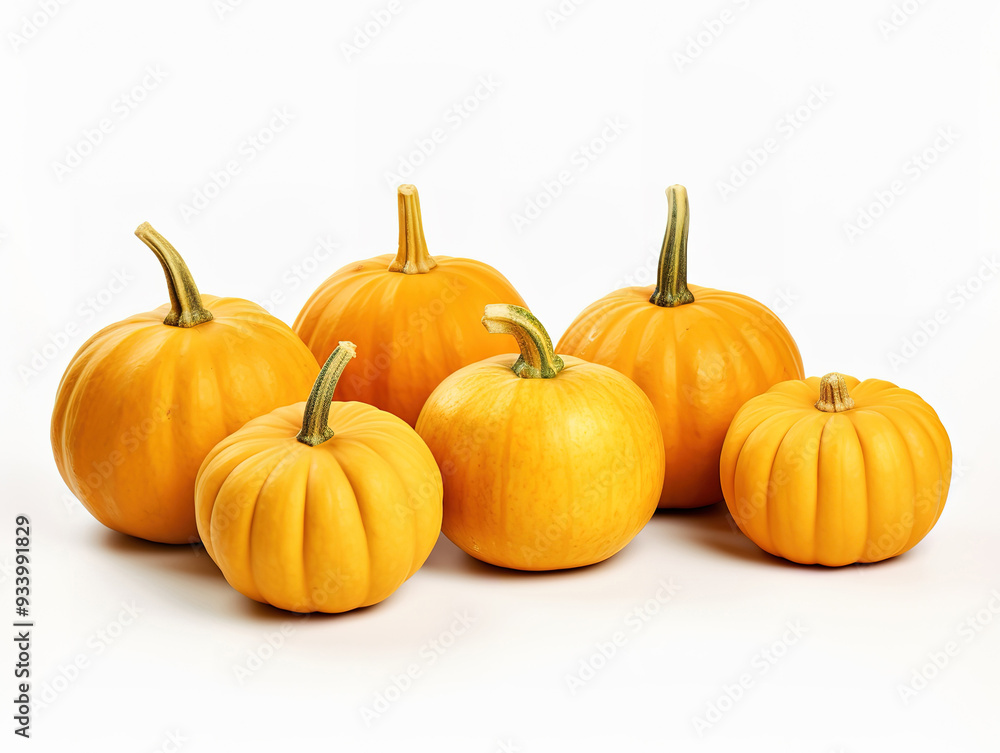 Pumpkins on white isolated background. Yellow autumn harvest pumpkins on empty backdrop Pumpkins on white isolated background. Yellow autumn harvest pumpkins on empty backdrop