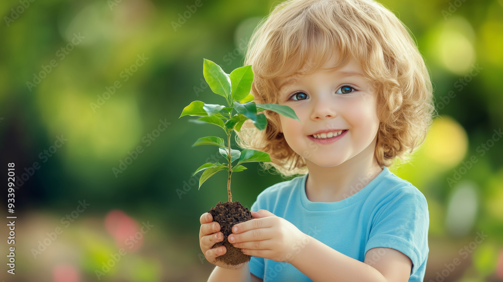 A happy child smiles brightly while holding a small tree in both hands, ready to plant it. The background is blurred with soft greenery