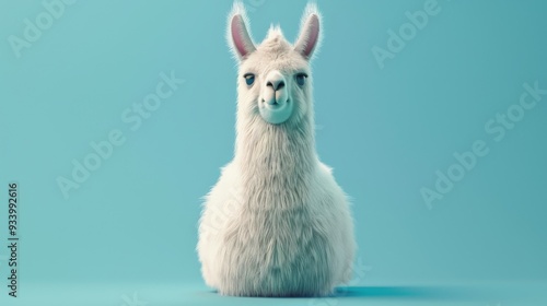 portrait of a white alpaca on blue background