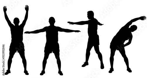 Vector silhouettes of sportive man stretching and worming up, workout it progress. Fitness boy icons isolated on white background.
