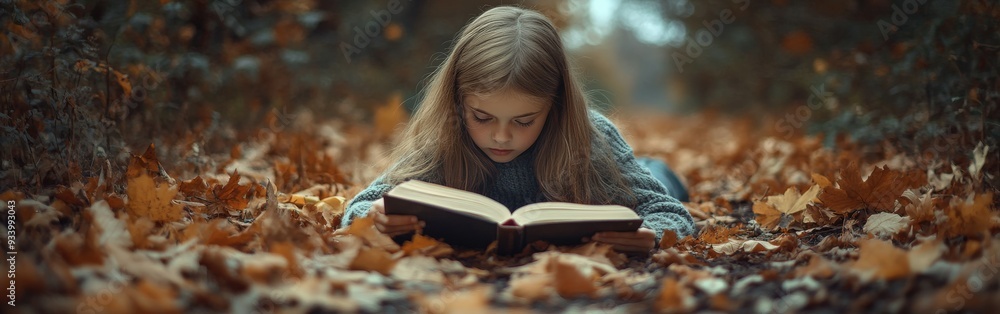 Young girl reading a book among autumn leaves in a park Young girl reading a book among autumn leaves in a park