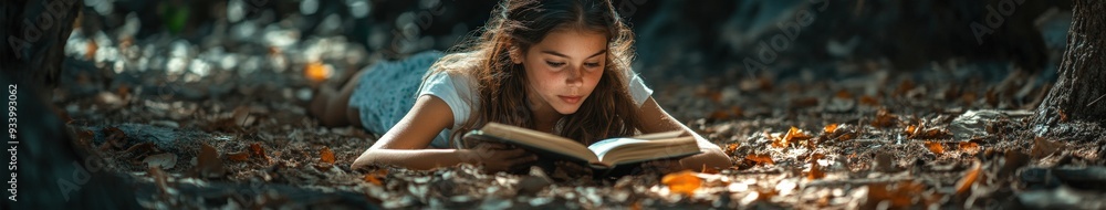 Young girl reading a book while lying on fallen leaves in the forest Young girl reading a book while lying on fallen leaves in the forest