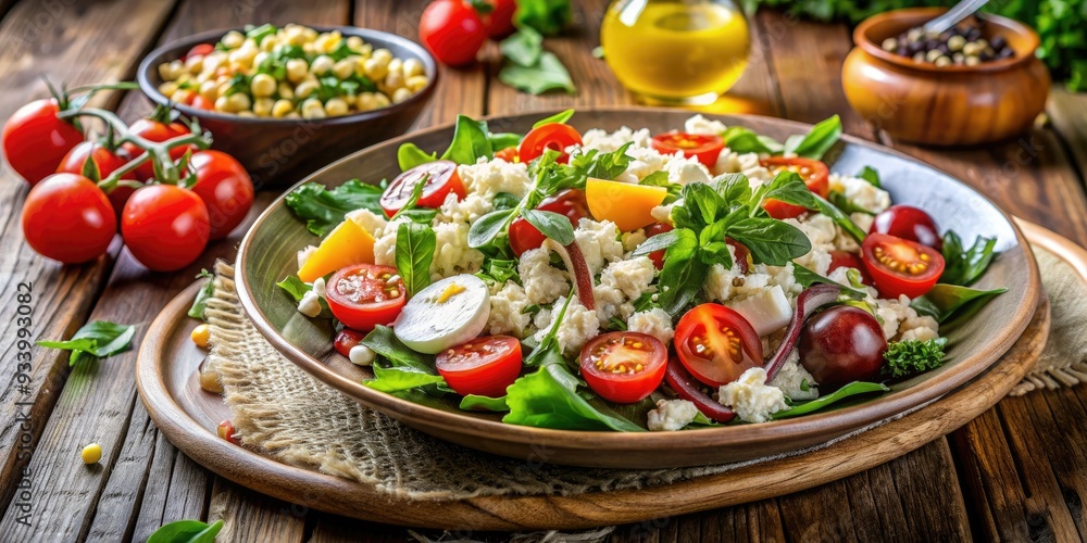Fresh and healthy egg protein salad with crumbled feta cheese, mixed grains, colorful vegetables, and juicy cherry tomatoes, served on a rustic wooden table. Fresh and healthy egg protein salad with crumbled feta cheese, mixed grains, colorful vegetables, and juicy cherry tomatoes, served on a rustic wooden table.