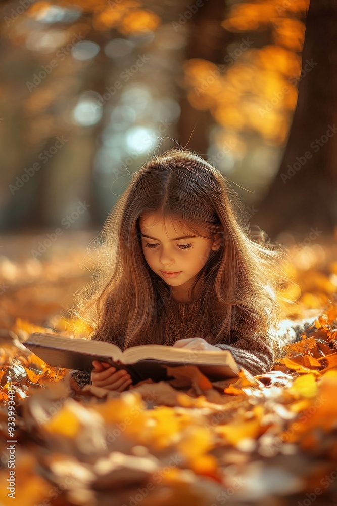 Young girl reading a book among autumn leaves in the park Young girl reading a book among autumn leaves in the park