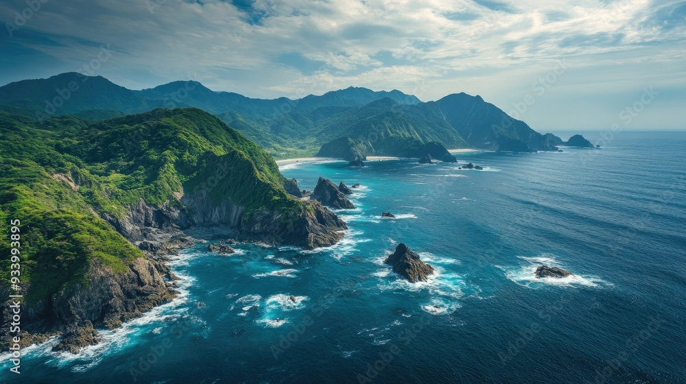 Fototapeta premium Aerial perspective of Japan's tranquil coastal cliffs with waves crashing against rocky shores and verdant landscapes.