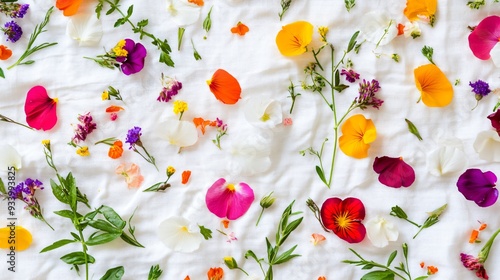 Wallpaper Mural A whimsical flat lay featuring a mix of wildflower petals in bright colors, scattered across a white linen cloth, with small sprigs of greenery intertwined Torontodigital.ca
