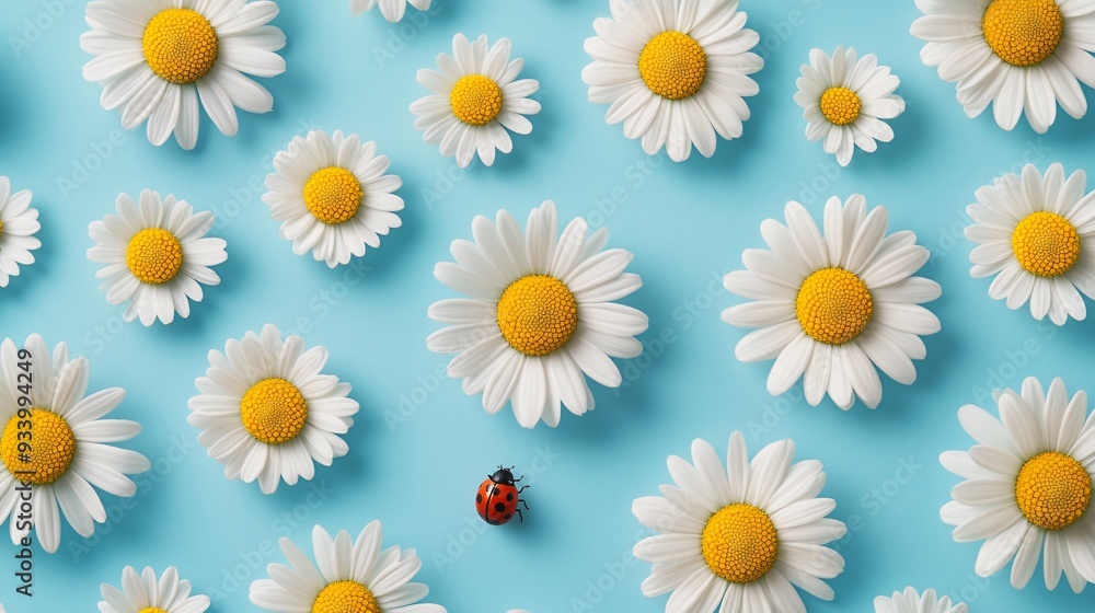 A whimsical flat lay featuring daisy petals in white and yellow, arranged in a zigzag pattern on a light blue background, with a tiny ladybug placed on one petal A whimsical flat lay featuring daisy petals in white and yellow, arranged in a zigzag pattern on a light blue background, with a tiny ladybug placed on one petal