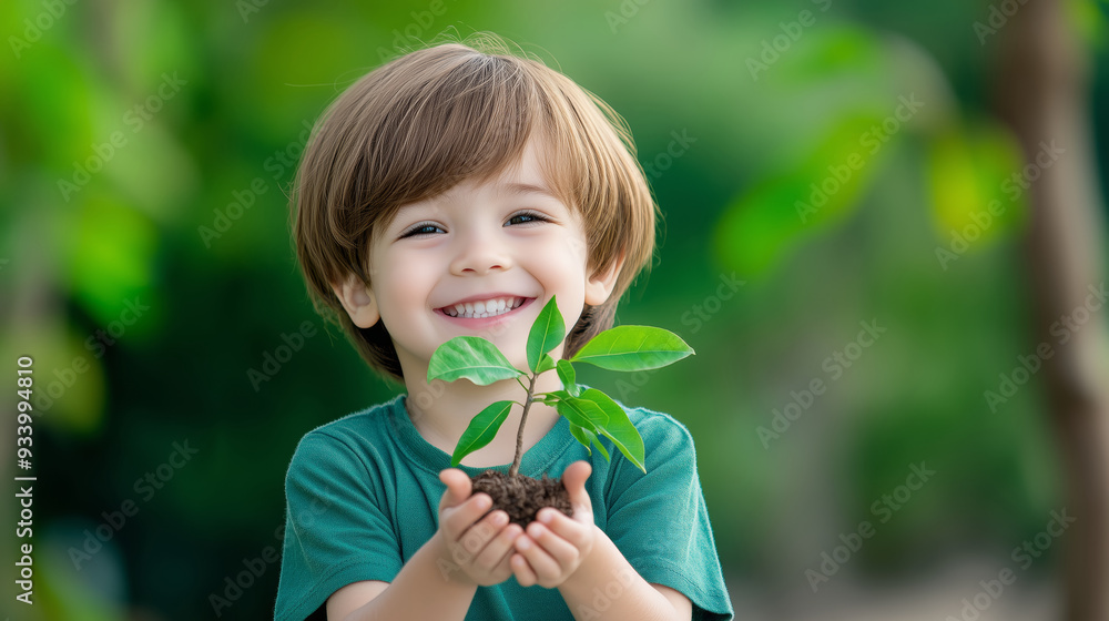 A happy child smiles brightly while holding a small tree in both hands, ready to plant it. The background is blurred with soft greenery