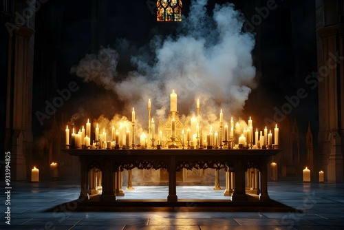 Gothic Cathedral Altar with Candles and Smoke