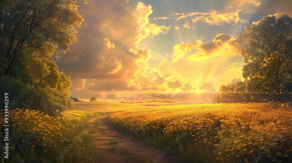 Obraz premium A field of yellow flowers with a path leading through it