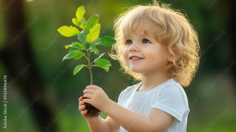 A happy child, full of excitement, holds a tree sapling gently in their hands. The background is softly blurred with nature A happy child, full of excitement, holds a tree sapling gently in their hands. The background is softly blurred with nature
