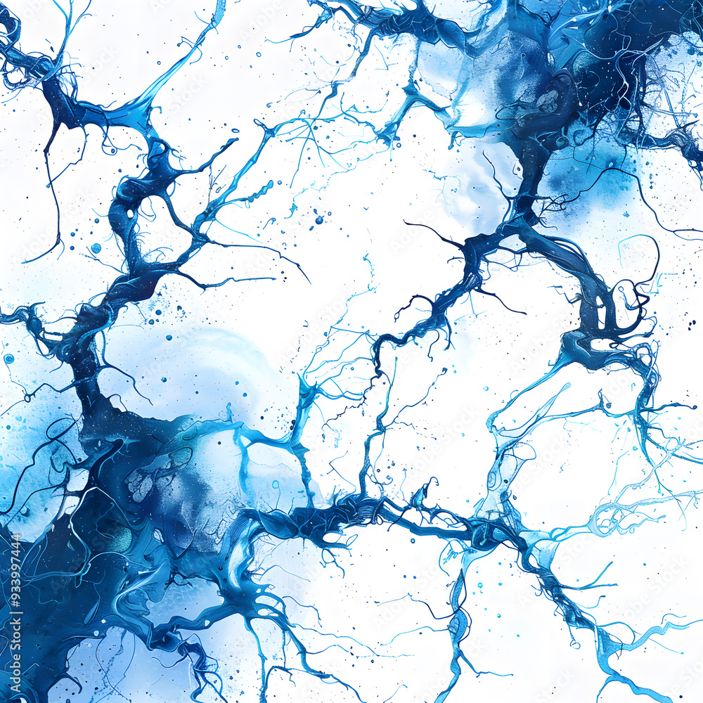 Naklejka premium Abstract art featuring swirling blue and white patterns resembling water and light captured in a mesmerizing design evoking a sense of movement and energy, neurons, cells, medicine