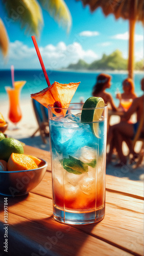 Refreshing cocktail in a glass on a wooden table in a beach club during sunset. Alcohol cocktails with ocean view, party nightlife at beachclub. photo