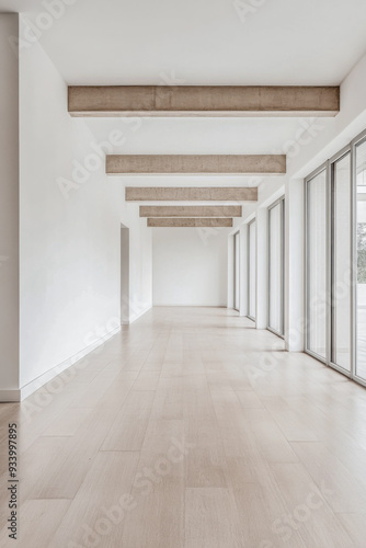 Minimalist empty room with large arches, neutral colors and natural lighting. Architectural concept image for luxury Real Estate.