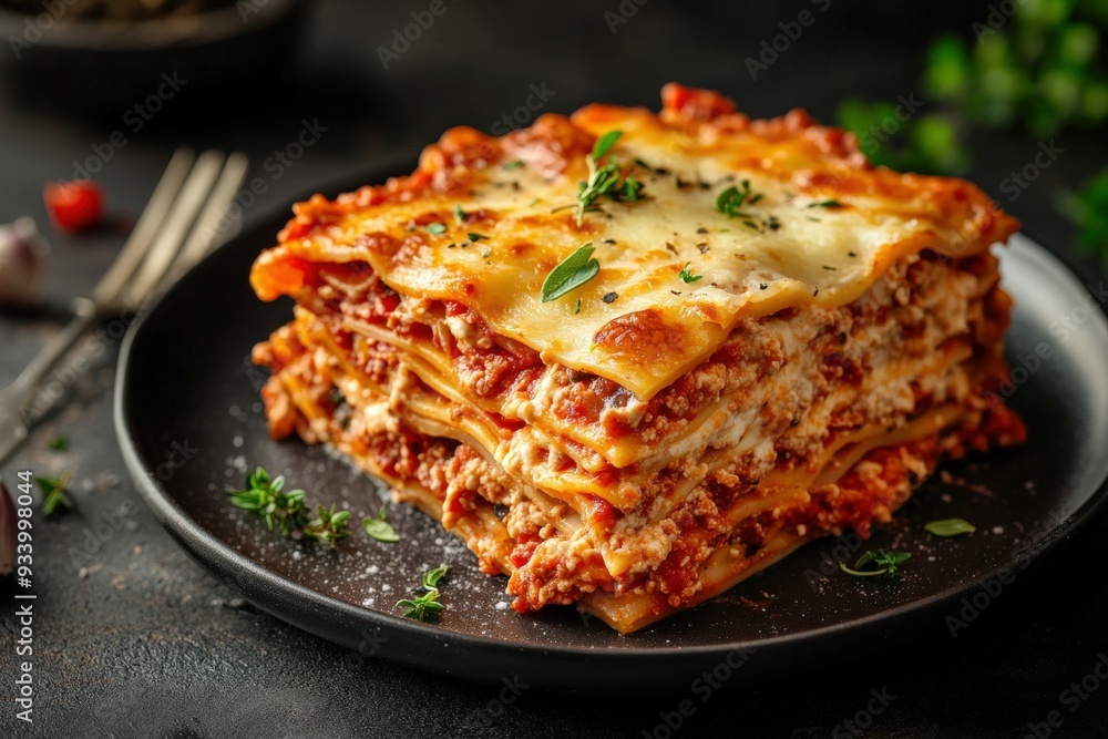Delicious baked lasagna on a black plate with herbs and spices Delicious baked lasagna on a black plate with herbs and spices