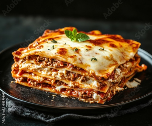 Layered meat lasagna on a black plate with fresh herbs photo