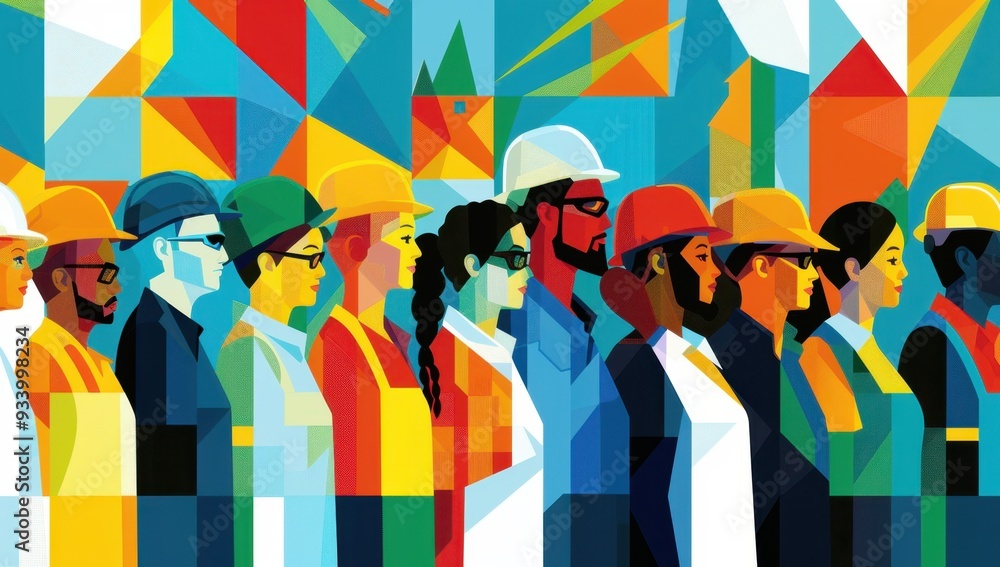 Abstract geometric illustration of diverse people in work attire, such ...