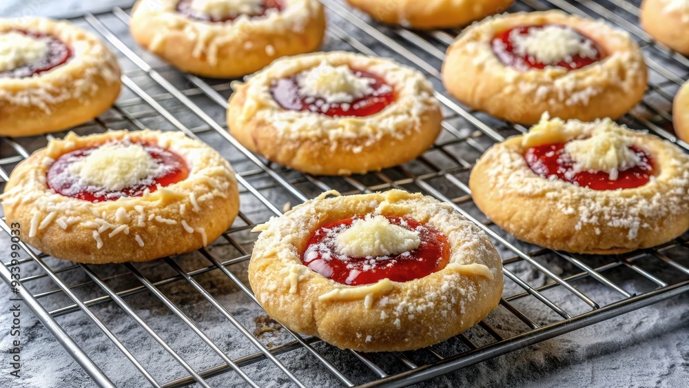 freshly baked thumbprint cookies filled with strawberry jam and topped with grated cheese, perfect for a cozy afternoon snack. freshly baked thumbprint cookies filled with strawberry jam and topped with grated cheese, perfect for a cozy afternoon snack.