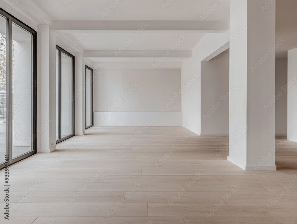 Fototapeta premium Minimalist empty room with large arches, neutral colors and natural lighting. Architectural concept image for luxury Real Estate.