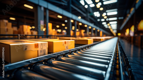 Yellow cardboard boxes on conveyor belt