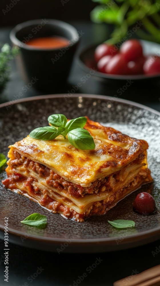 Savory lasagna layered with meat and cheese on a decorative plate Savory lasagna layered with meat and cheese on a decorative plate