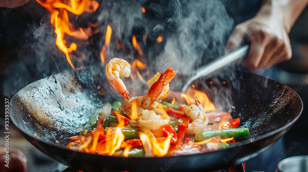 Master Chef Cooking Stir-Fry with Flaming Wok - Culinary Drama and Skill Concept Master Chef Cooking Stir-Fry with Flaming Wok - Culinary Drama and Skill Concept