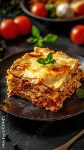 Delicious homemade lasagna served on a black plate with garnishes