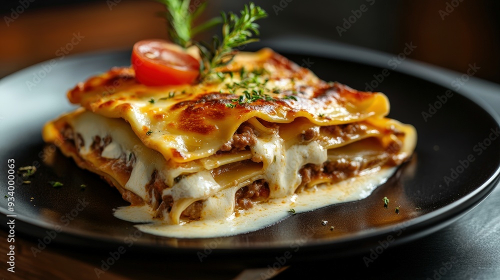 Delicious beef lasagna served with fresh herbs and tomato garnish Delicious beef lasagna served with fresh herbs and tomato garnish