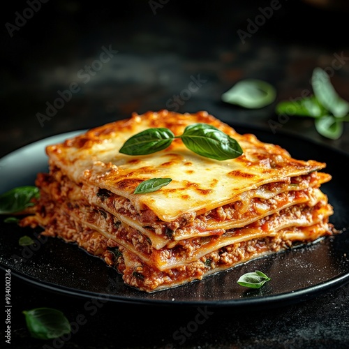 Delicious homemade lasagna served on a black plate with basil photo